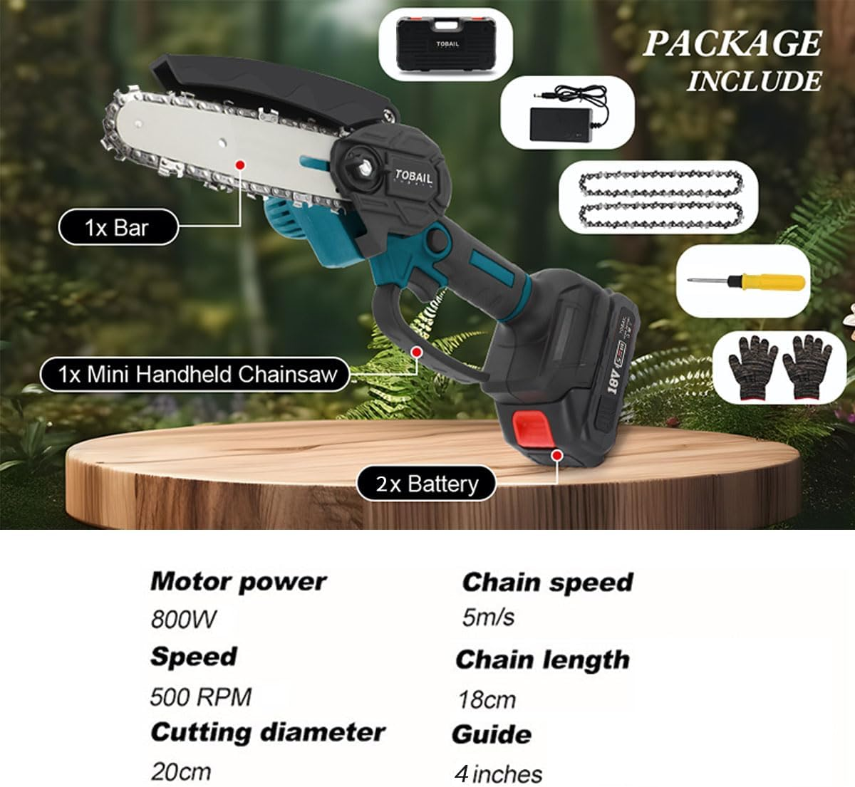 2 Battery 4" Mini Cordless Chainsaw, Rechargeable Electric Pruning Chain Saw, One-Handed Portable Chainsaw for Branch Wood Cutting Garden Tree Logging Trimming