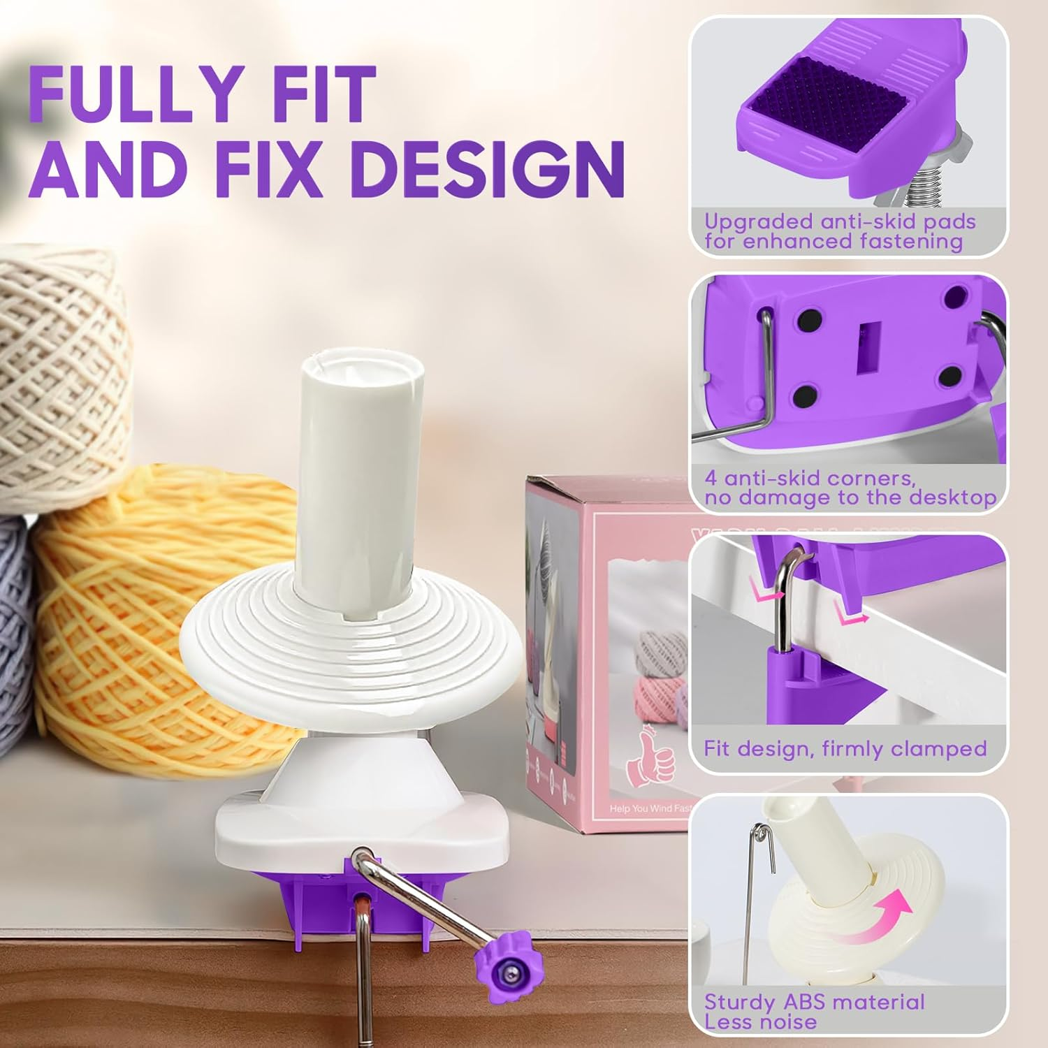 Anti-Slip Yarn Winder, Yarn Ball Winder for Crocheting, Efficiently Make Neat Yarn Cake, Yarn Winder with Lower Noise for Fiber and Wool Thread Balls, Knitting Lover'S Helper Gift (Purple)
