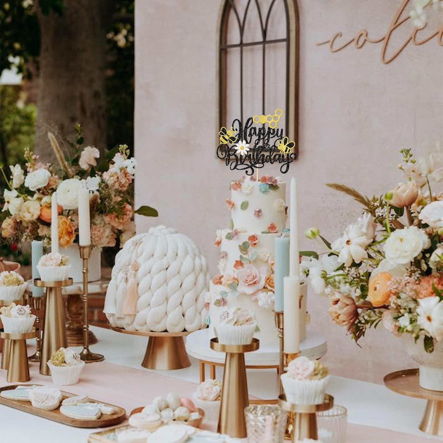 SYKYCTCY 1 Pack Bee Flower Happy Birthday Cake Topper Glitter Honeycomb Cake Pick for Bee Theme Baby Shower Kids Birthday Party Cake Decorations Supplies Black image number 2