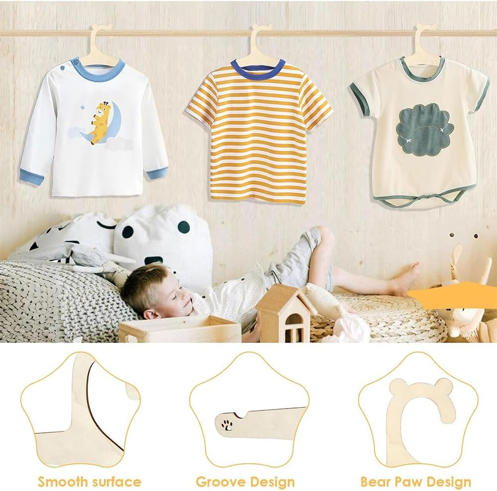 20 Pack Kids Wooden Hangers, 22 CM Mini Toddler & Baby Clothes Hangers with Cute Bear Ears for Boys & Girls, Infant & Children Closet Organizer image number 5