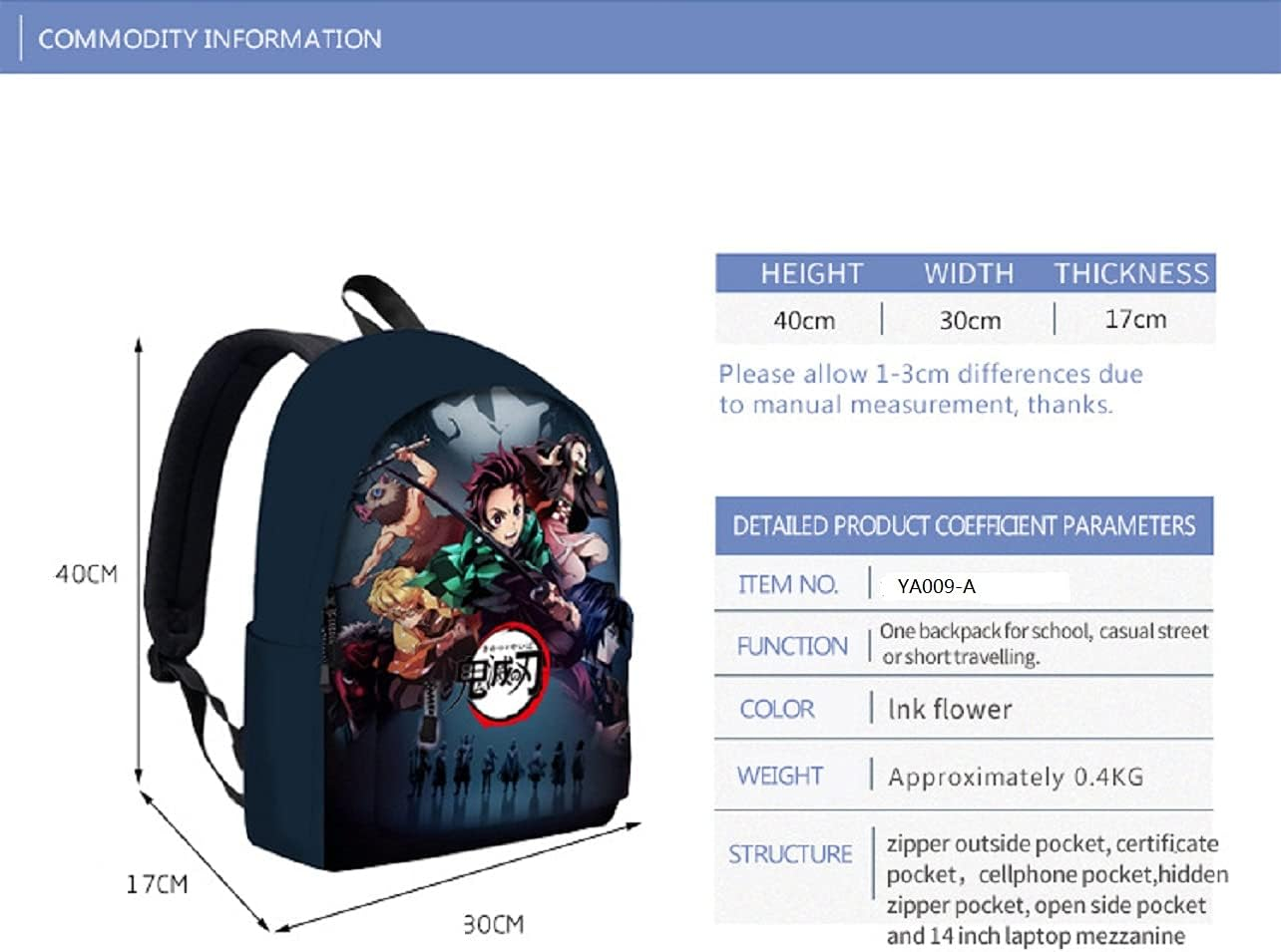 Yumenam Anime Theme Backpack Crossbody Bag Pencil Case 3Pcs Set Tanjirou Nezuko 3D Printing Laptop Backpack School Bag Outdoor Travel Bag Daypacks for Anime Demon Slayer Lovers image number 2