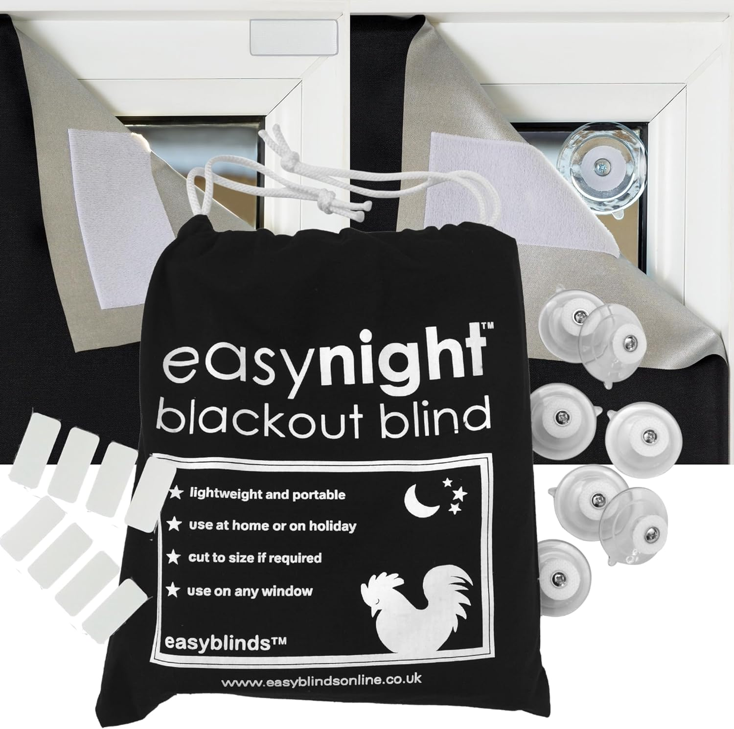 Easynight Large Portable Blackout Blind - 100% Light Blocking Material | Fits Windows up to 200X145Cm | No Drill | Suction Cups | Self-Adhesive | Customisable | Temporary, Permanent Use for Home