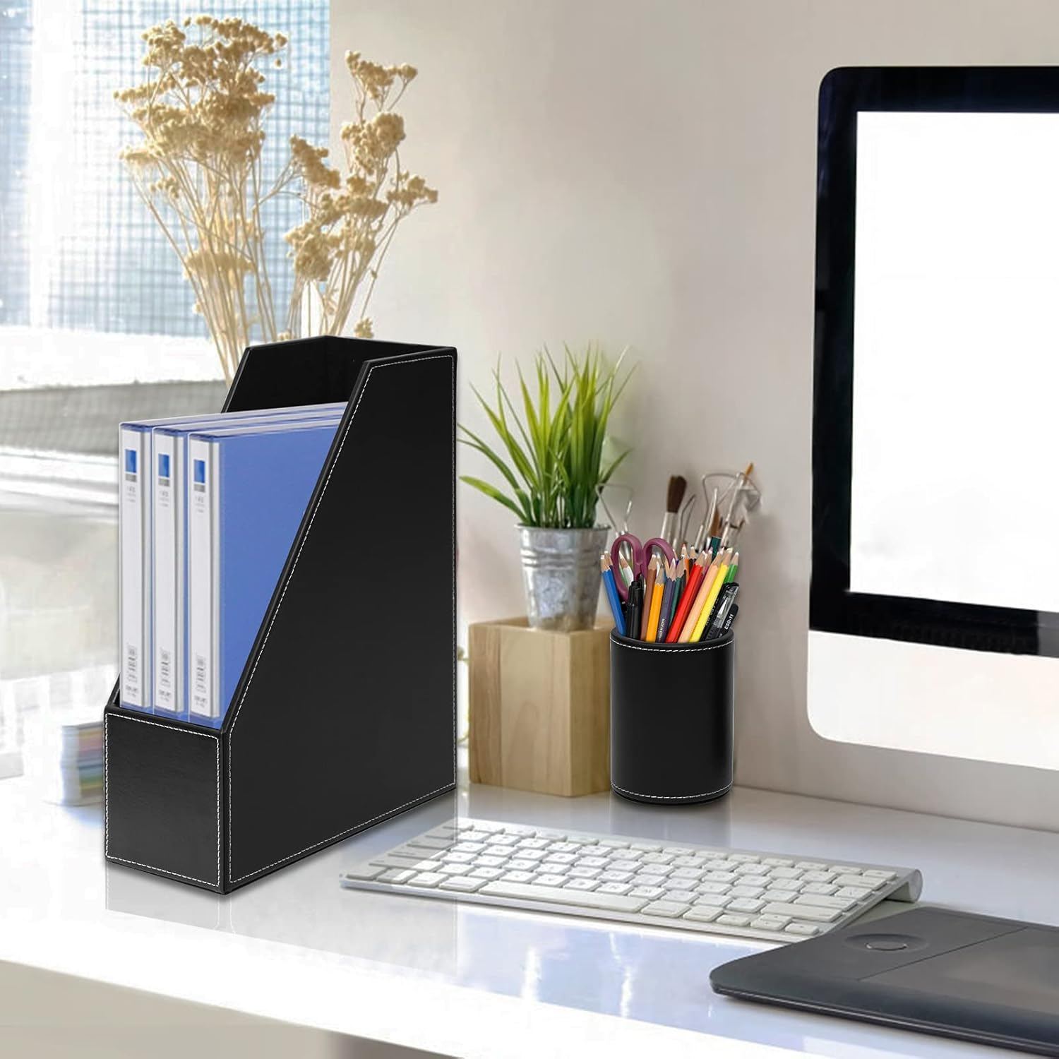 6 Piece Office Supplies/Desk Organizer Set with Desktop Leather Writing Pad,File Paper Tray,Magazine Folder Holder, Pen Cup,Sticky Note Holder,Letter Mail Sorter,Workspace Decor for Women Men (Black) - Brown image number 5