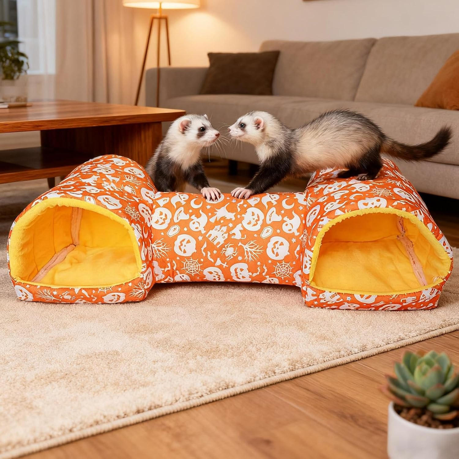 Ferret Tunnel - Soft Interactive Washable Christmas | Bunny Toys Hamsters Tunnels Tubes - for Chinchillas, Rabbits, Squirrels, Pets, Small Animals - Orange image number 3