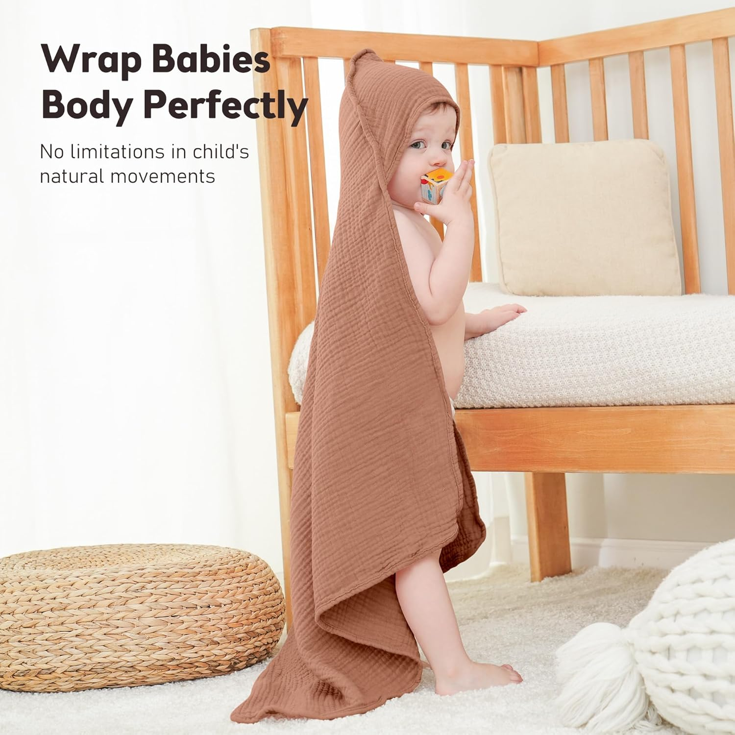 Susurration Hooded Baby Towels for Newborn 2 Pack 100% Muslin Cotton Towel for Babies，Highly Absorbent and Newborn Essential 30X30 Inch (Brown) image number 3