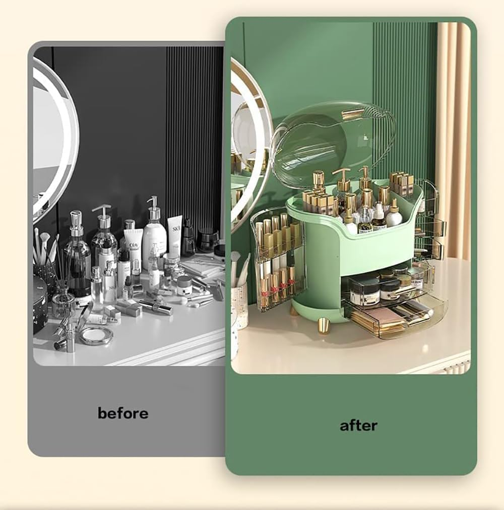 Makeup Organizer for Vanity, Portable Cosmetic Storage Box with Drawer and Transparent Lid, Dustproof and Waterproof Large Countertop Organizer Make up Holder for Bedroom, Bathroom Skincare (Green) - White image number 5