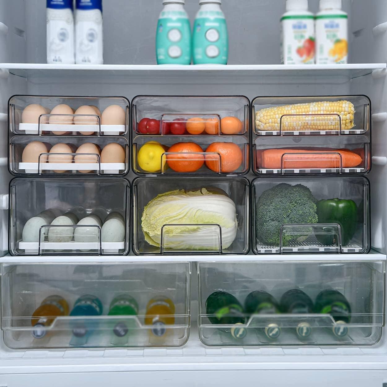 Food Storage Containers Pantry Organizer with Lids, Removable Drain Tray Fruit Vegetables Storage Rack Clear Fridge Storage Stackable Meal Fresh Keeper Bins image number 1