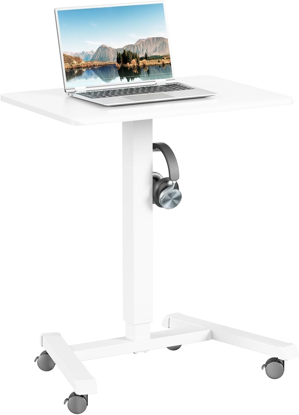 ERGOMAKER Mobile Standing Desk Pneumatic Adjustable Height 25.6 X 17.7 Inch Mobile Desk Adjustable Height on Wheels，Sit Stand up Desk Home Office Computer Desk, White + Single