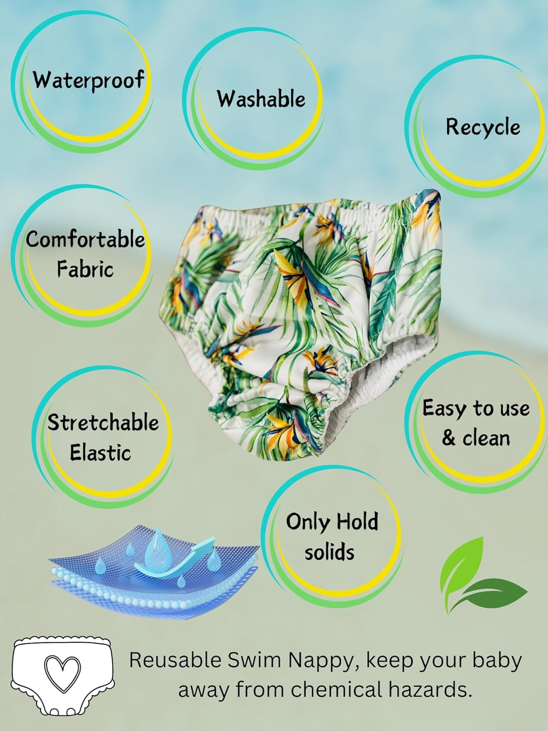 Babyroar Reusable Swim Nappy &ndash; Pull-Up Nappy/Diaper + BONUS Wet & Dry Bag with Double Zipper &ndash; (Dual Pockets Keep Wet & Dry Items Separate) &ndash; Leak-Proof, Eco-Friendly. Perfect for Water Fun! (Birds of Paradise Bloom, XL); Child, Toddler and Baby image number 4