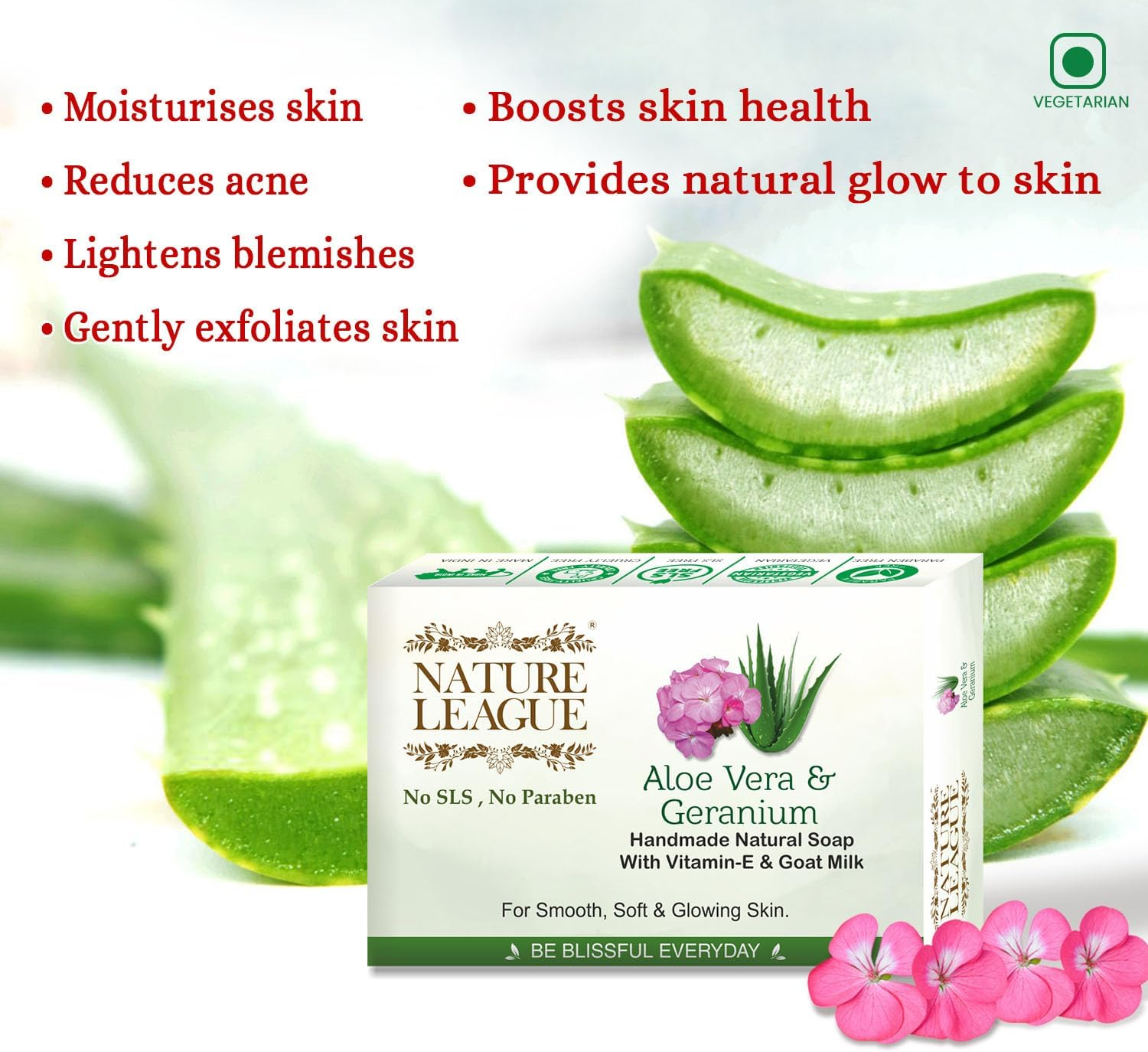 NATURE LEAGUE &ndash; ALOEVERA & GERANIUM | Natural Handmade Soap | with Aloevera Extract & Geranium Essential Oil | Vitamin-E | Sulphate, Paraben, Phthalate & Silicone Free (400 Gm) image number 5