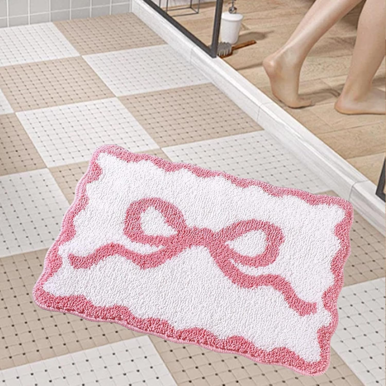 Yuksok Bath Rug,Shower Mat,Toilet Rug Water Absorbent Soft Washable anti Slip Bath Tub Floor Carpet,Bathroom Floor Mat Bow Pattern, Pink, L image number 3