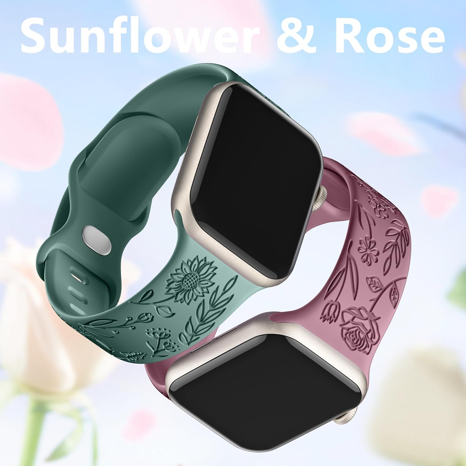 6 Pack Floral Engraved Bands Compatible with Apple Watch Band 40Mm 38Mm 41Mm 42Mm 44Mm 45Mm 49Mm Women, Silicone Soft Cute Flower Pattern Strap for Iwatch Series Ultra Ultra 2 SE 9 8 7 6 5 4 3 2 1 image number 1