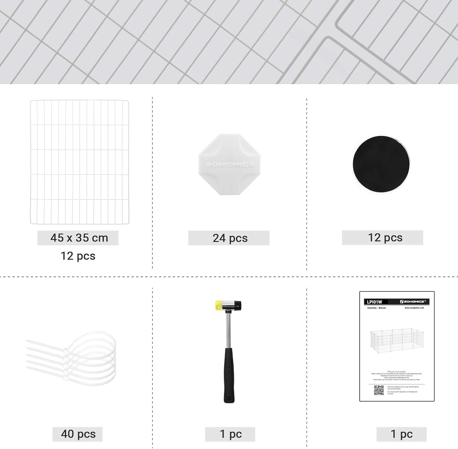 SONGMICS Guinea Pig Playpen, Indoor Rabbit Run Hutch Cage, Large Exercise Enclosure, DIY Metal Modular Fence for Hamster, Pet, Small Animals, White LPI01W image number 6