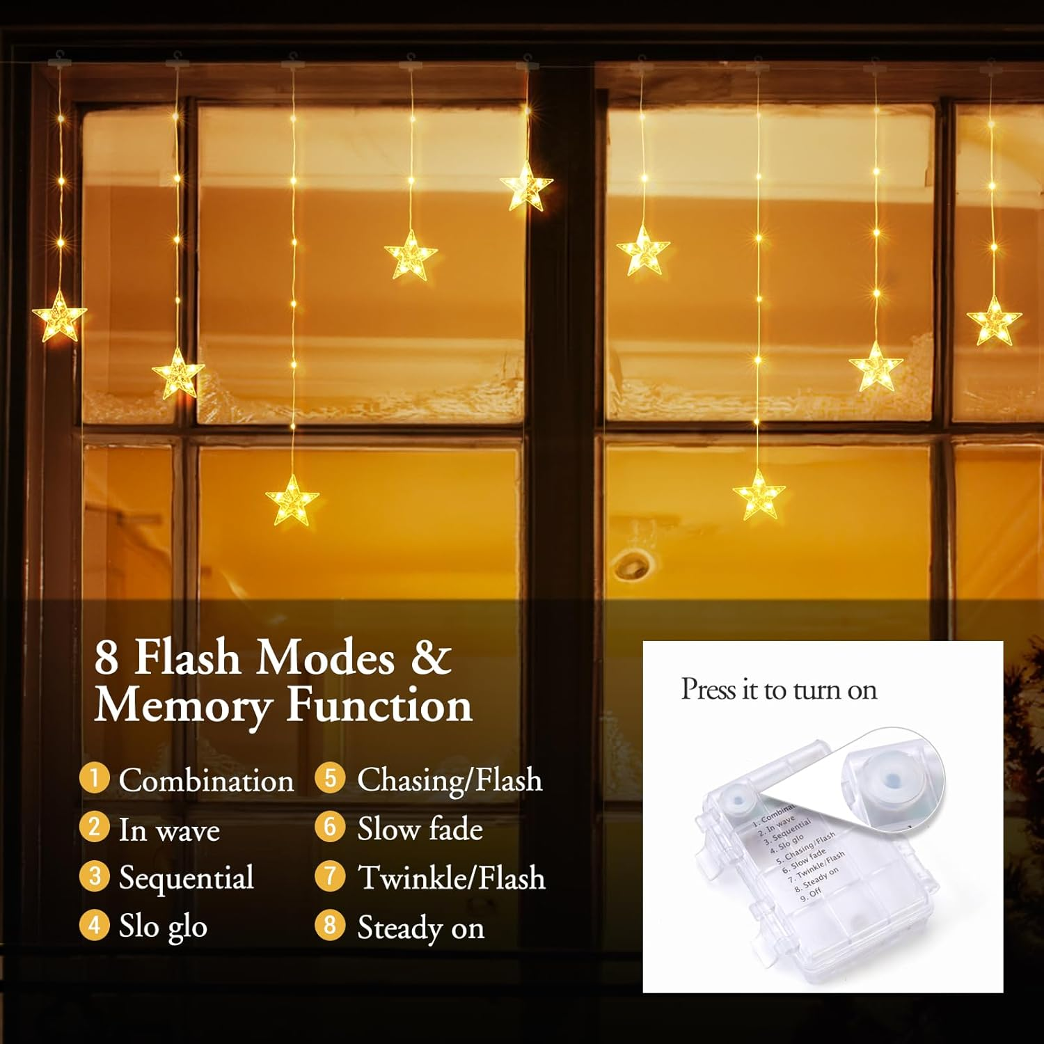 Quntis Christmas Window Lights, Color Changing 76 Leds 9 Stars Battery Operated Xmas Curtain Lights with Timer and 8 Modes, Fairy String Lights with Suction Cup Hook for Bedroom (Battery Not Included) image number 6