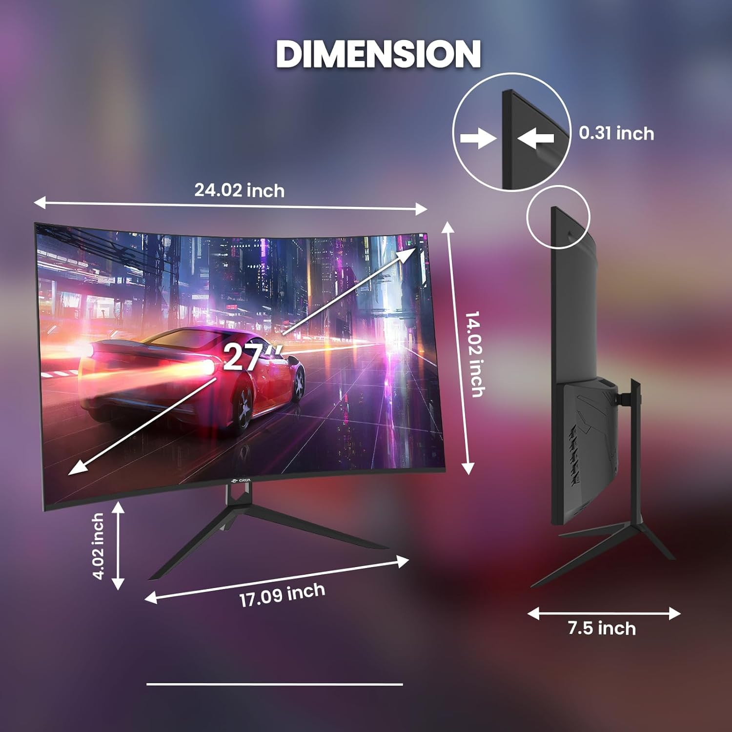 CRUA 27" Curved Gaming Monitor, 2K QHD (2560X1440), 144Hz Computer Monitor, 1800R Curvature, 120% Srgb, Freesync, Frameless Design, HDMI 1.4, DP 1.2, Wall Mountable- Black image number 1