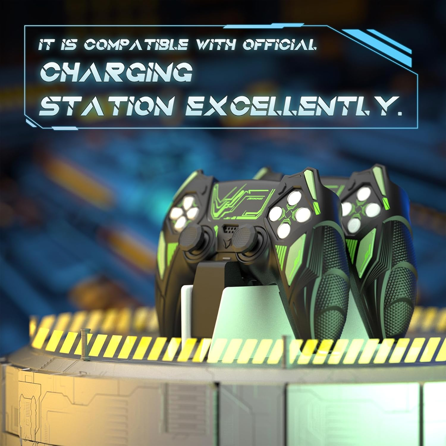 Playvital Mecha Rhino Silicone Cover for Ps5 Controller with Thumb Grips & Stickers, Anti-Slip Controller Grip Skin Accessories Compatible with Ps5 Charging Station - Black & Green image number 2