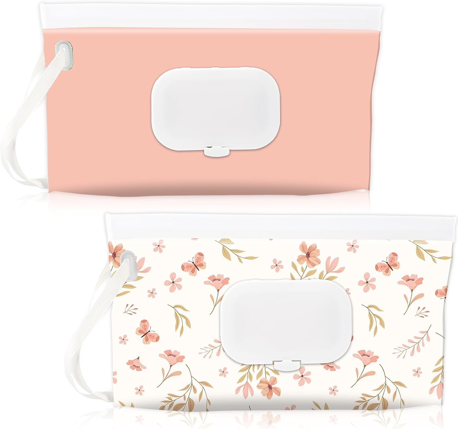 FEBSNOW 2 Pack Baby Wipes Dispenser Holder, Portable Refillable Baby Wet Wipes Pouch Container Reusable Travel Case for Outdoor Hiking, Pink Flower - Beige image number 4