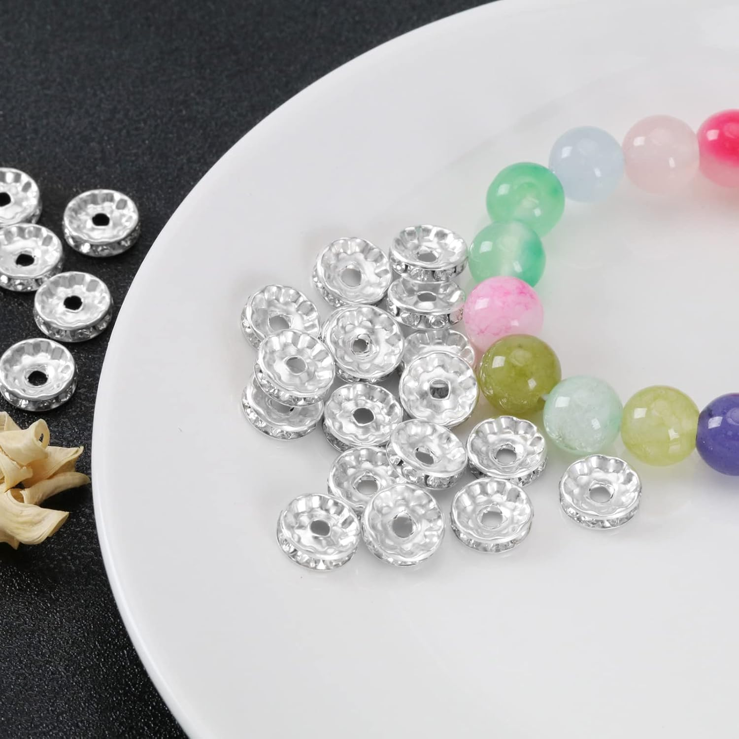 Emagtech 150PCS Rondelle Spacer Beads Shiny Rhinestone Loose round Beads for Bracelet Necklace Earring Jewelry Making Decorations 6Mm 8Mm 10Mm 50PCS Each Size Silver image number 1