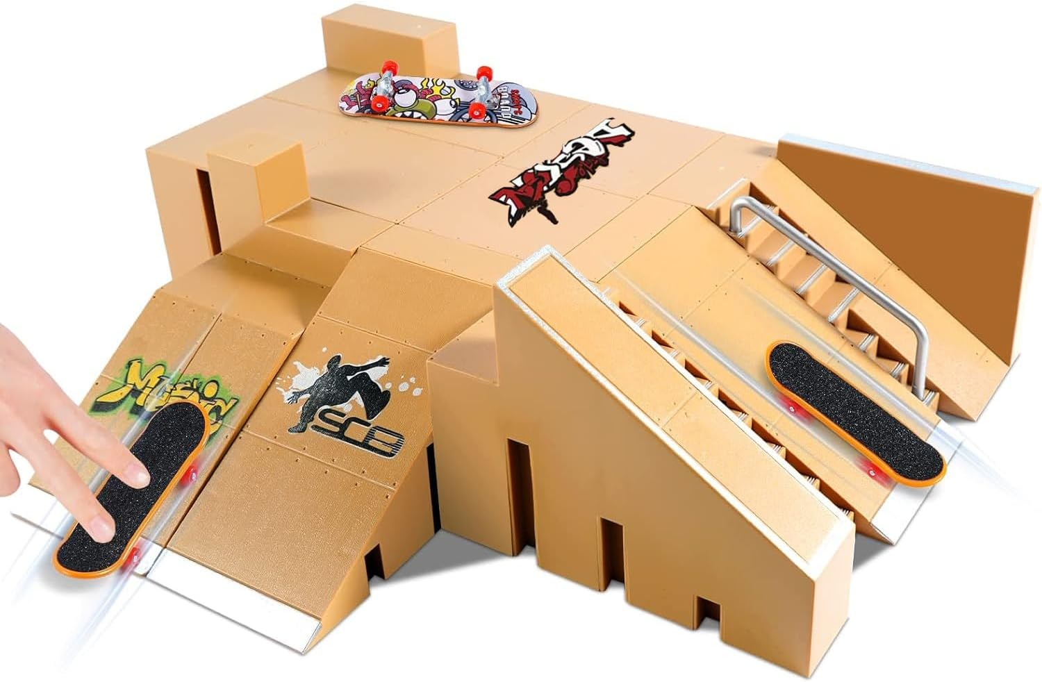 APEXORIGIN Fingerboard Skate Park Kit, Skateboard Finger Toys with 3 Finger Skateboards & 8 Skatepark Deck Ramp for Mini Finger Board Skate Training (Brown) image number 3