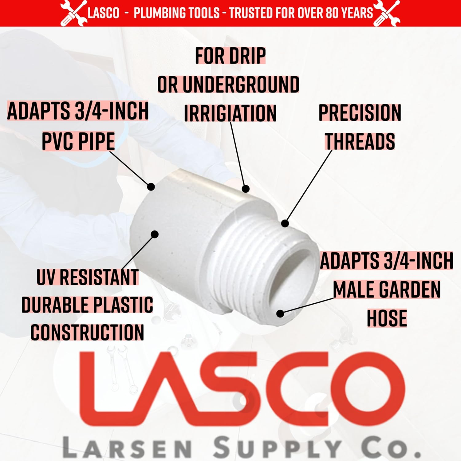 LASCO 15-1643 PVC Hose Adapter with 3/4-Inch Male Hose Thread and 3/4-Inch PVC Pipe Glue Connection image number 1