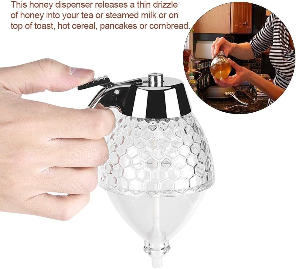 Honey Dispenser, 200Ml Glass Syrup Dispenser Pot No Drip with Stand, Vintage Transparent Acrylic Honey Glass Container for Tea Milk Pancakes