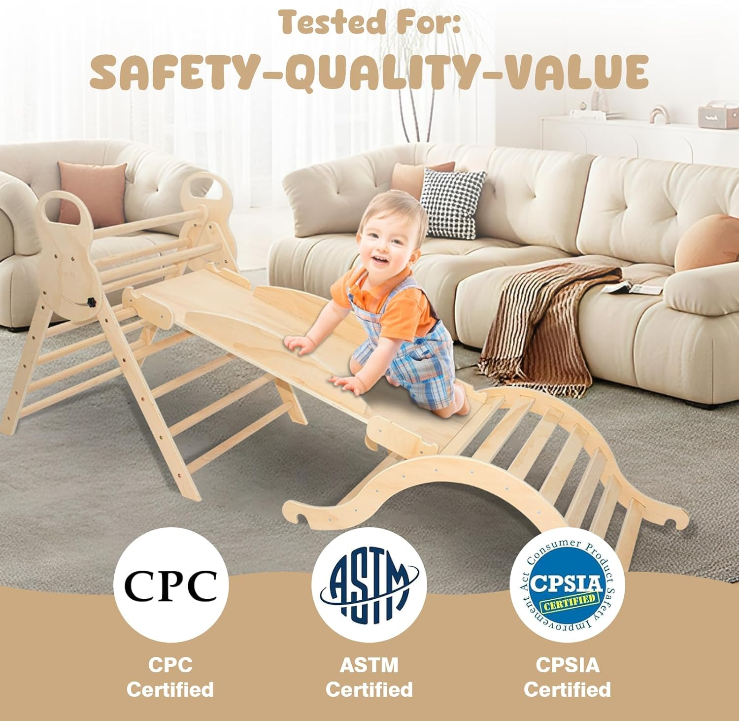 7 in 1 Pikler Triangle Set,Foldable Climbing Toys Wooden Montessori Climbing with Sliding Ramp&Arch Rocker for Toddlers,Climber Indoor Playground Set for Kids (Wooden Color) image number 3