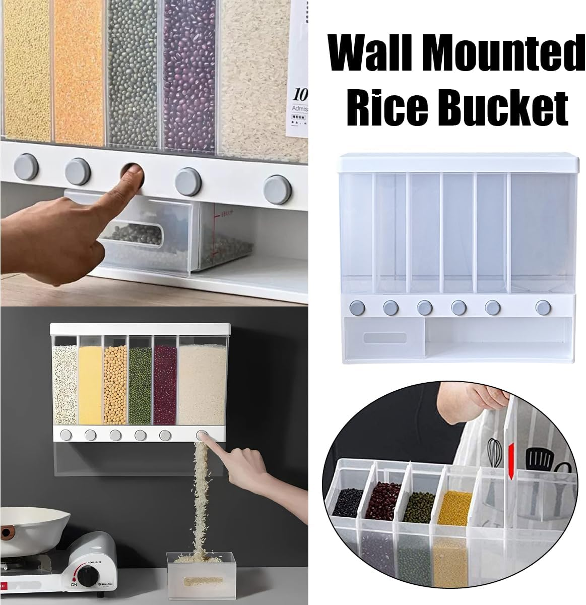 AIMALL Wall-Mounted Grain Storage Barrel with 6 Compartments &ndash; Plastic Rice Container with Automatic Metering, Sealed Tank for Cereal and Grains image number 6