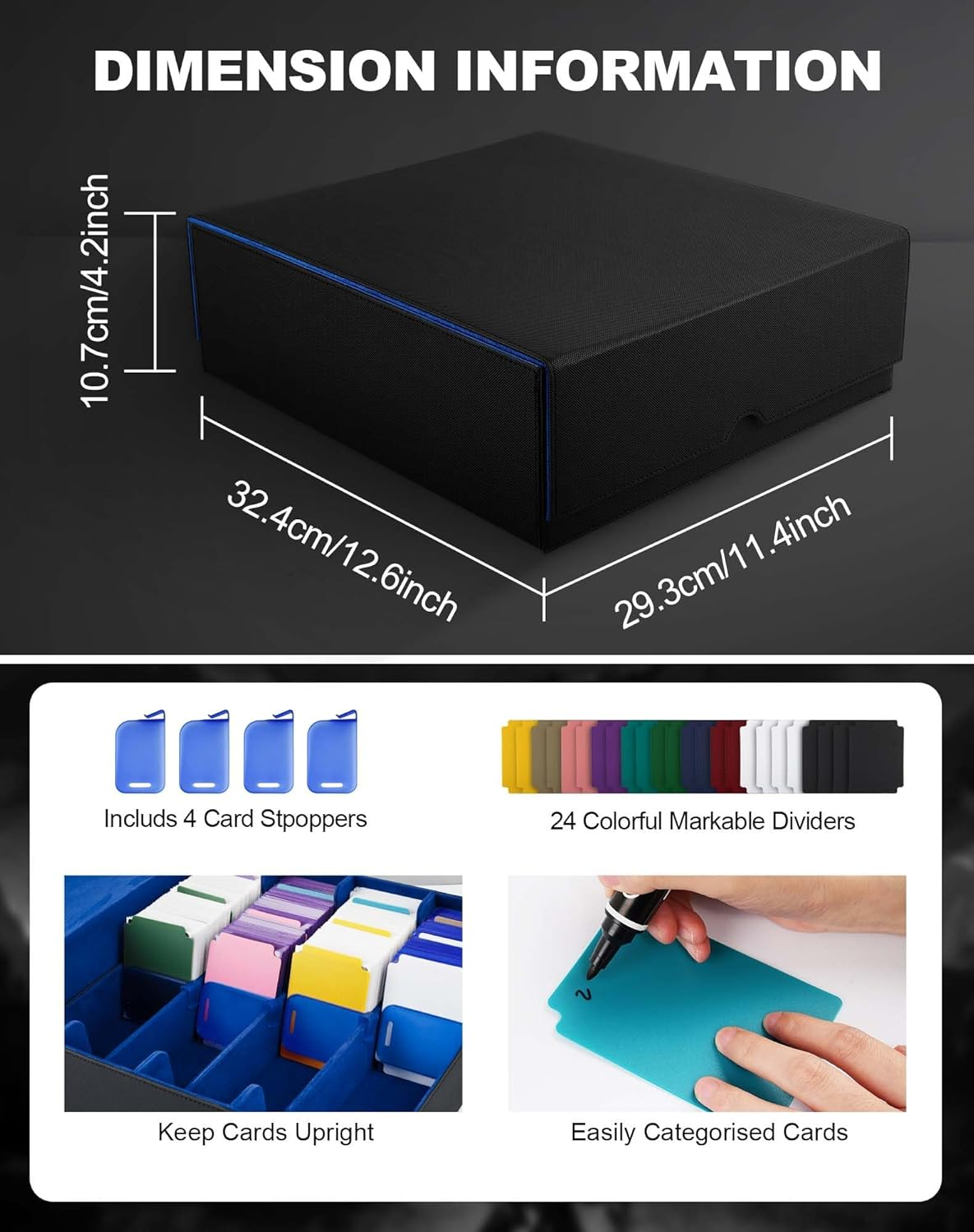 Cardnovux Trading Card Storage Box, Commander Card Deck Case Holds 2400+ Cards, MTG Deck Box with 4 Stoppers, Magic Card Organizer for TCG PTCG Cards (Black & Blue)