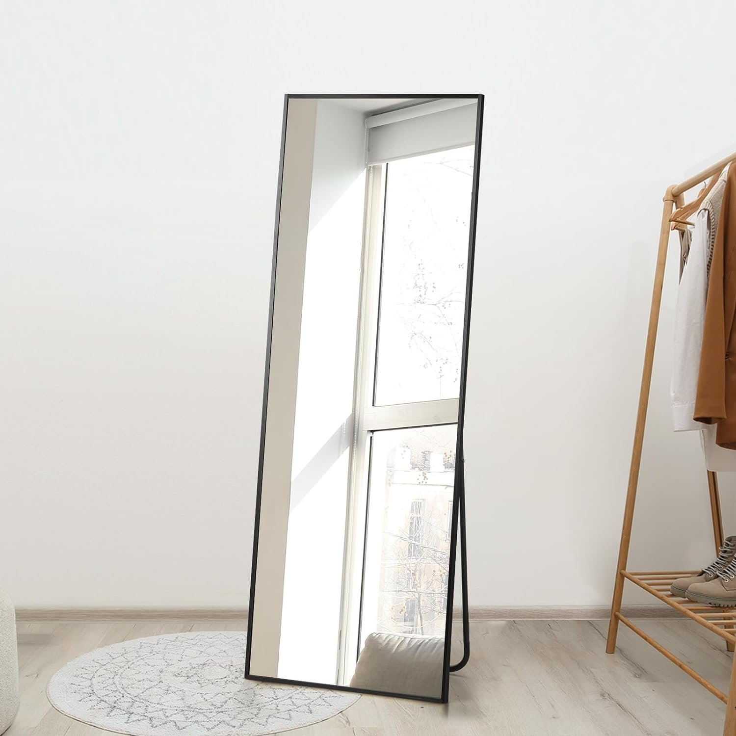Oikiture 166 X 60Cm Full Length Mirror with Aluminium Frame and Non-Slip Edge Rectangle Floor Standing Mirror for Home Living Room Black image number 2