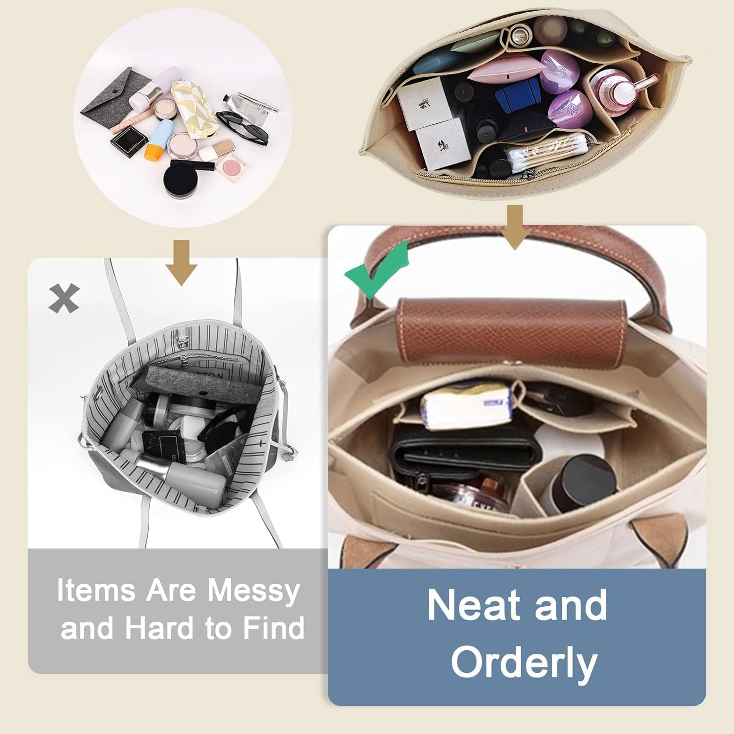 Organiser for Longchamp Bag, Bag Organiser for Longchamp, Multi-Pocket Felt Handbag, Organiser for Longchamp Pliage, Purse Organiser, Organiser for Longchamp, Organiser for Insert Wallet