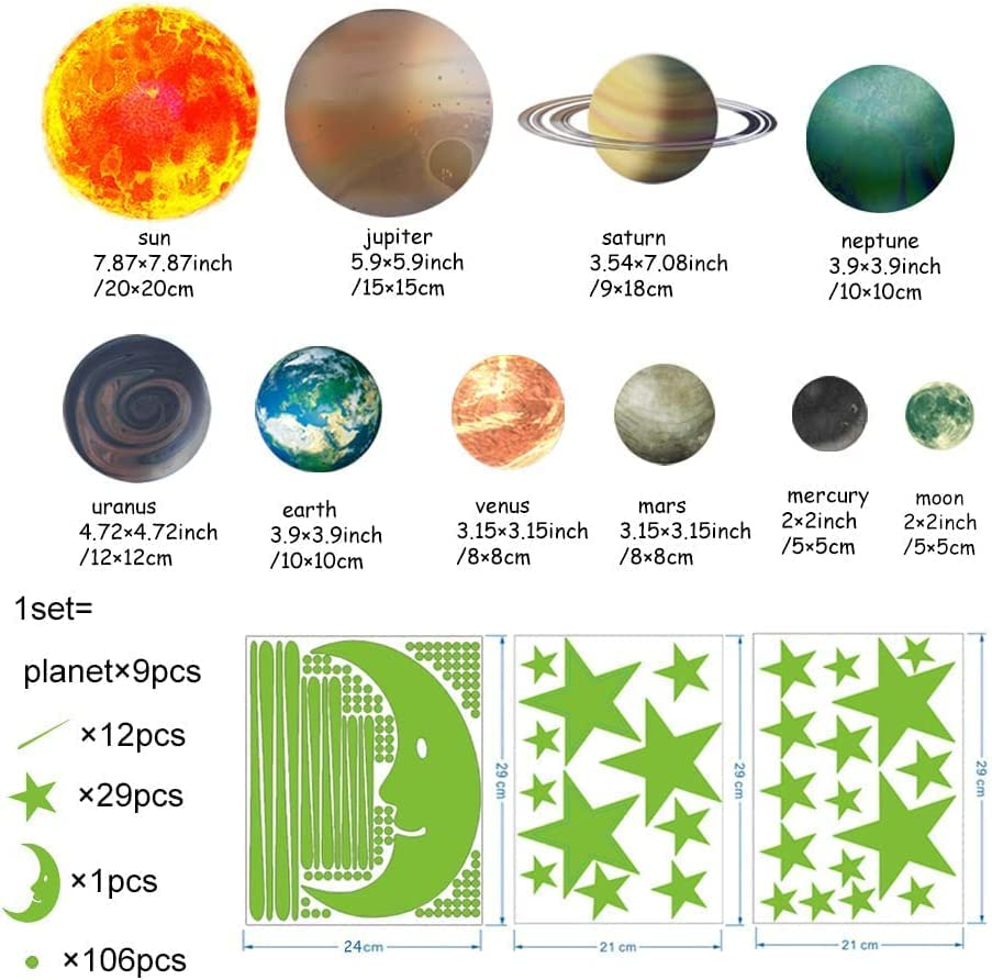 Glow in the Dark Stars and Planets, Bright Solar System Wall Stickers -Sun Earth Mars,Stars,Shooting Stars and so On,9 Glowing Ceiling Decals for Bedroom Living Room,Shining Space Decoration for Kids image number 4