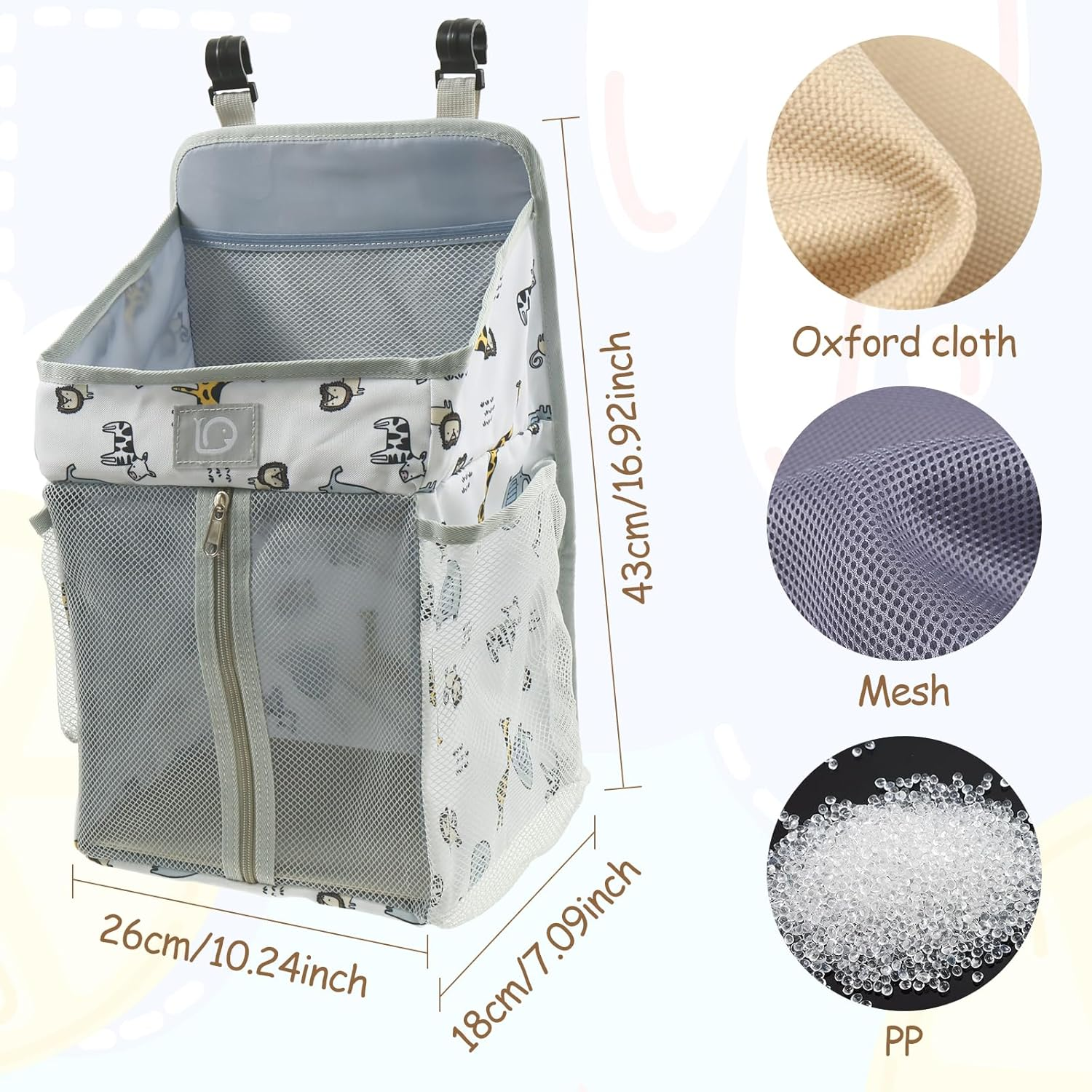 Baby Crib Hanging Caddy Organizer, Multi Pocket Baby Diaper Hanging Bag, Nappy Stack Organizer, Machine Washable for Wipes Nursery (White Animal) - White Animal image number 3