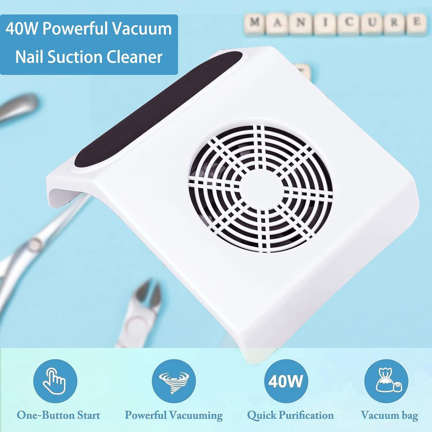 40W Portable Nail Dust Collector, Professional Manicure Vacuum Cleaner with 2 Reusable Dust Bags for Nail Salon & Home Use (White) image number 6