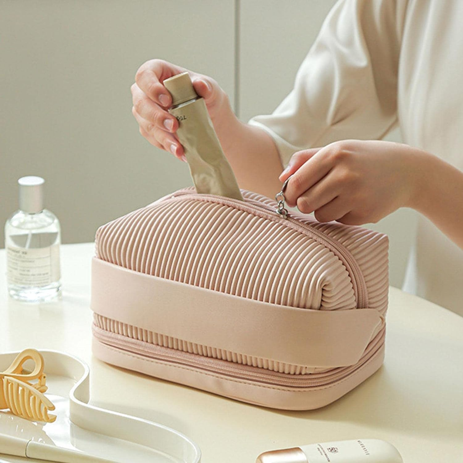 Toiletry Bag for Traveling,Water Resistant Makeup Organizer with Convenient Handle - Cute Travel Shaving Kit Toiletries Cosmetic Bags for Bathroom - Pink image number 5