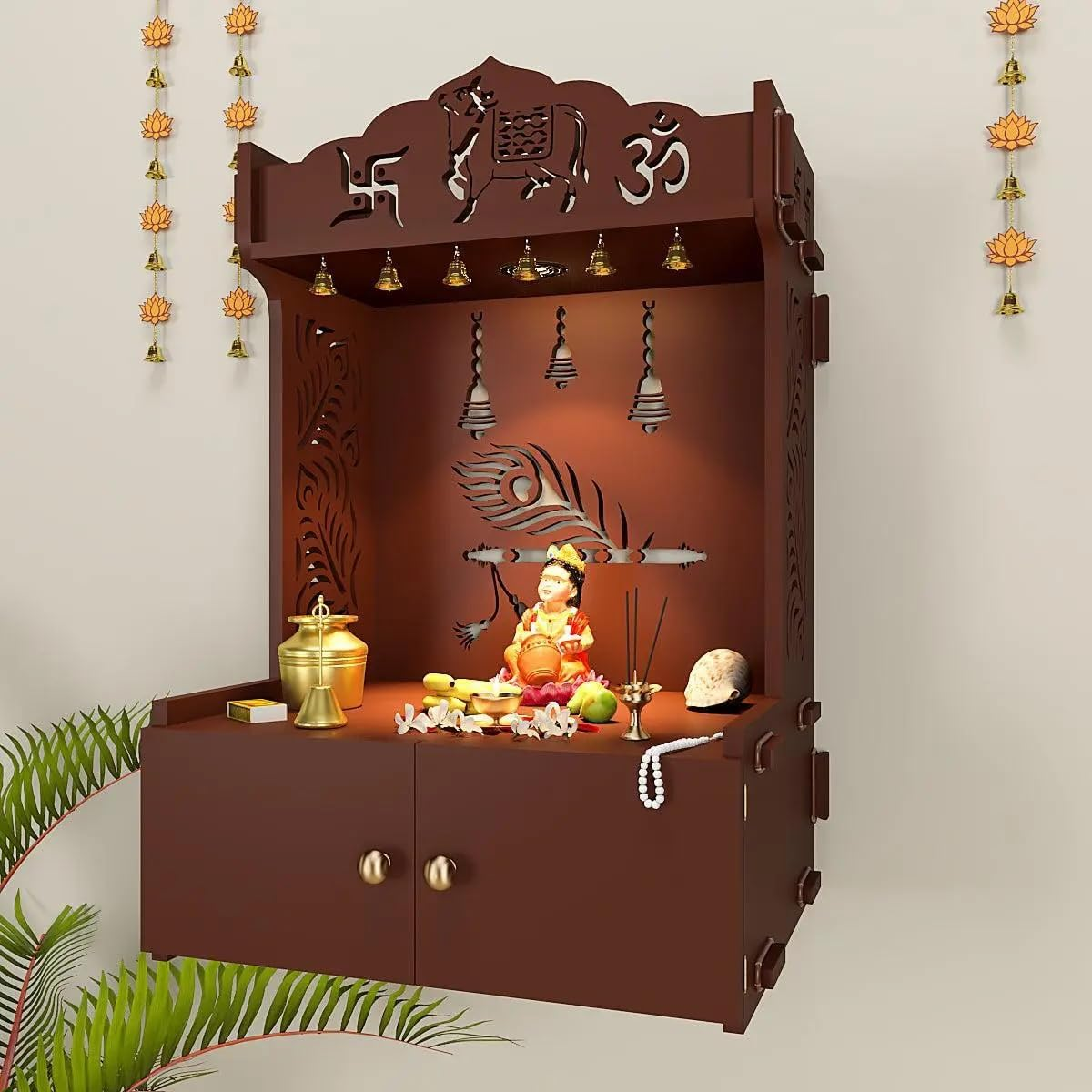 Krishna'S Grace Mor Pankh Wooden Home Temple for Serenity with Inbuilt Focus Light - Walnut Color image number 2