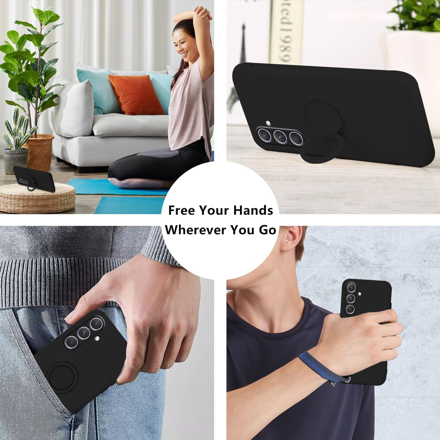 Mobile Phone Case for Samsung Galaxy A56 5G Case with Ring Holder, Slim Cover Soft TPU Protective Case for Samsung A56 5G Silicone Liquid Microfibre Shockproof Original Case (Black)