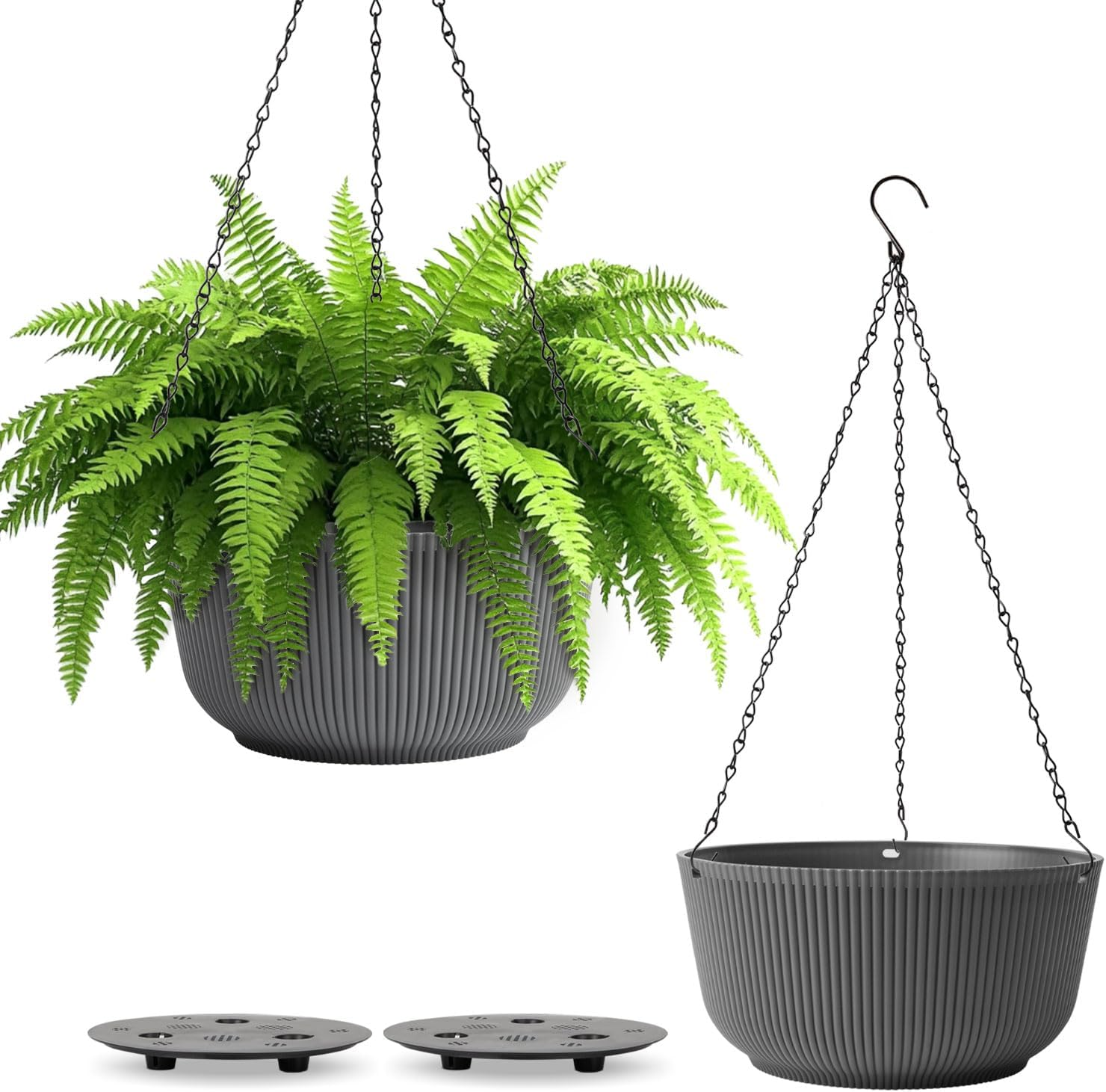 T4U Hanging Planter Self Watering 8 Inch, 2 Pack White Indoor Outdoor Hanging Plant Pots, Hanging Flower Pot with Drainage Hole & Plug & Chain with 3 Hooks for Garden Home Decor