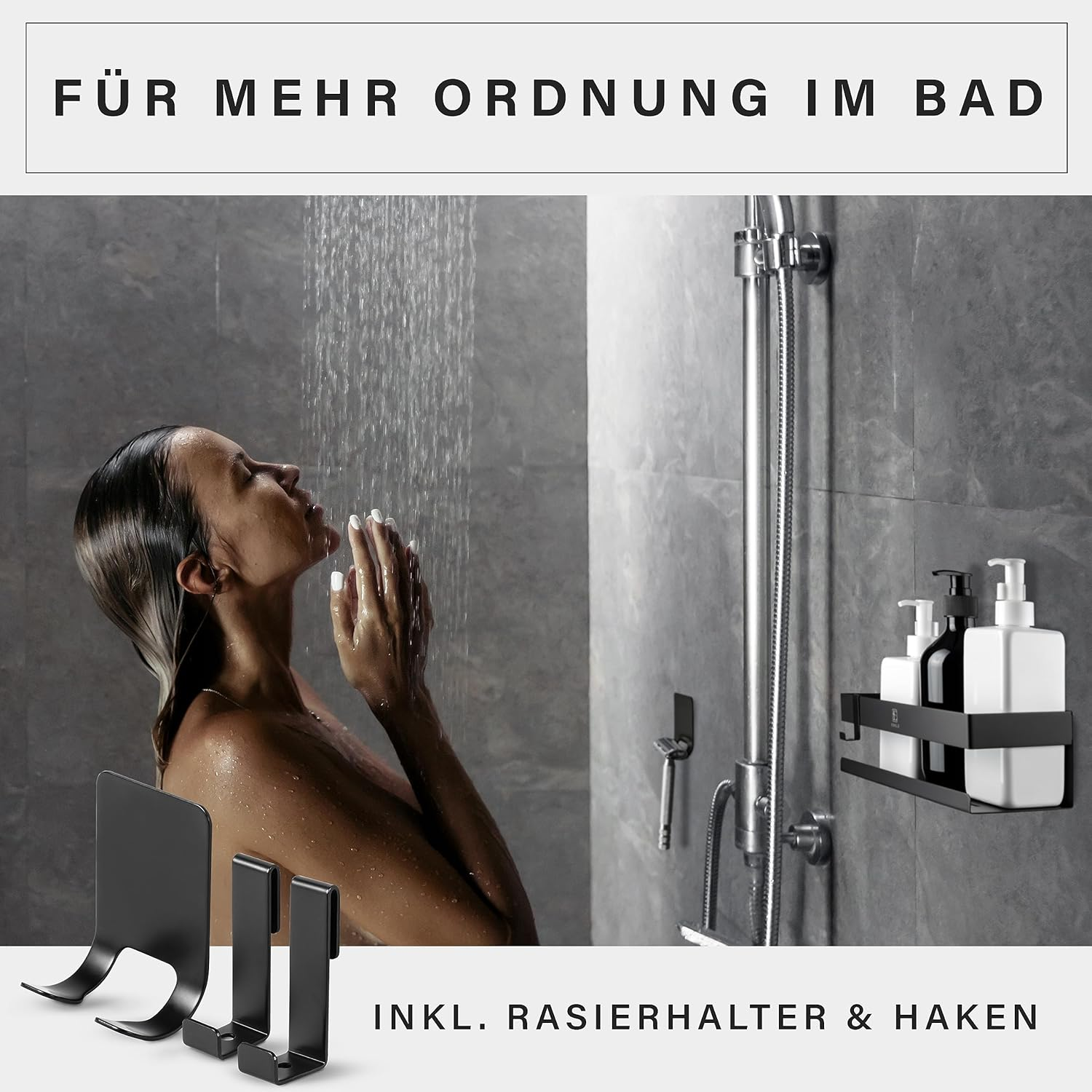 EDELZ&reg; Bathroom Shower Caddy Shower Basket No Drilling - Shampoo Holder for Shower for Gluing Made of Stainless Steel with Original 3M Adhesive Pads, 2 Movable Hooks, Extra Razor Holder (Stainless Steel Black)