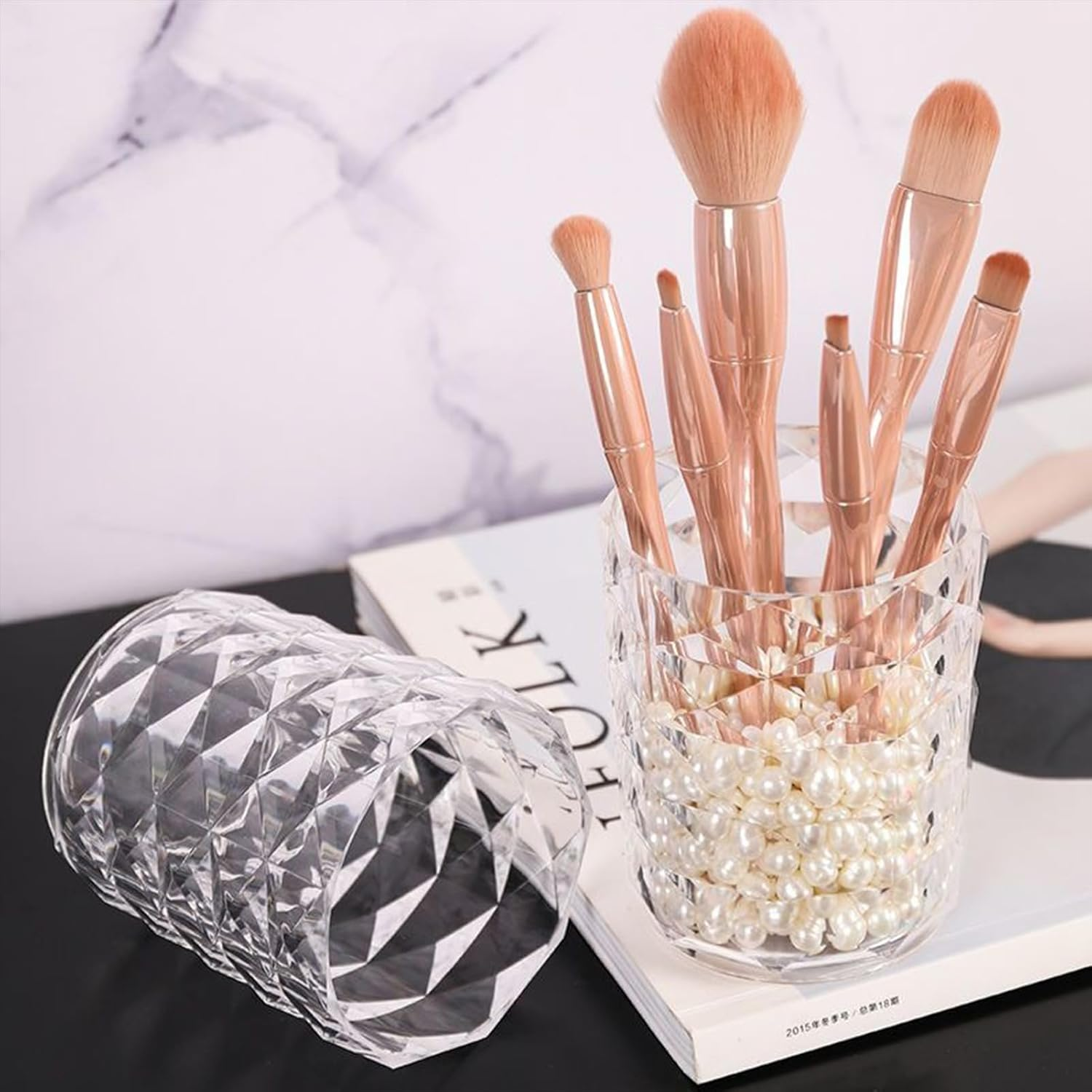 Makeup Brush Storage Bucket | Cosmetic Brush Organizer Cup,Light Luxury Style Exquisite Texture and Transparent Holder for Dressing Table Puchen image number 4