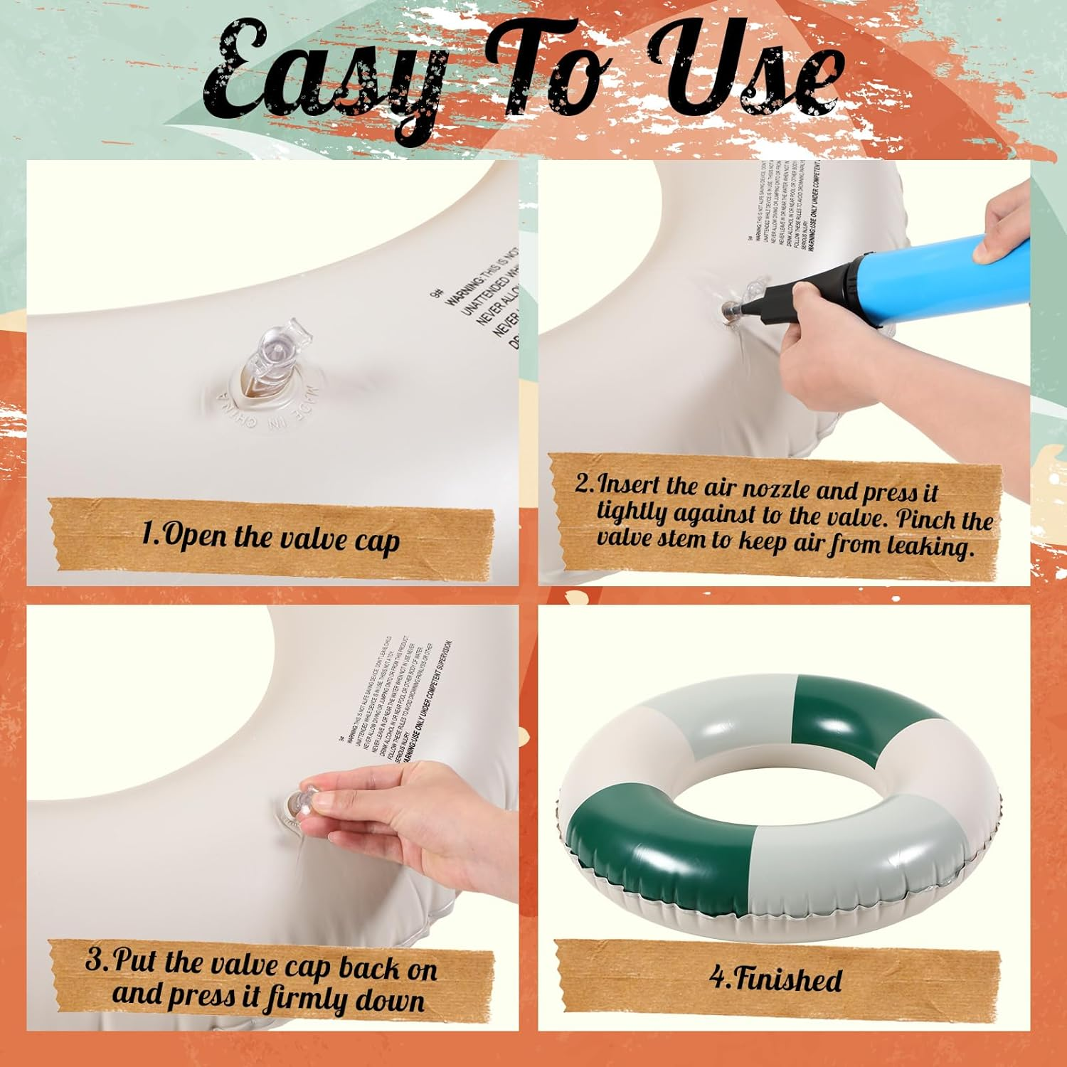 Wettarn 4 Pcs Pool Tubes with Fun Prints, Inflatable Floats Swimming Toys, Classic Striped Inner Tubes for Pool, Bachelorette Pool Floaties for Summer Beach Party Decor