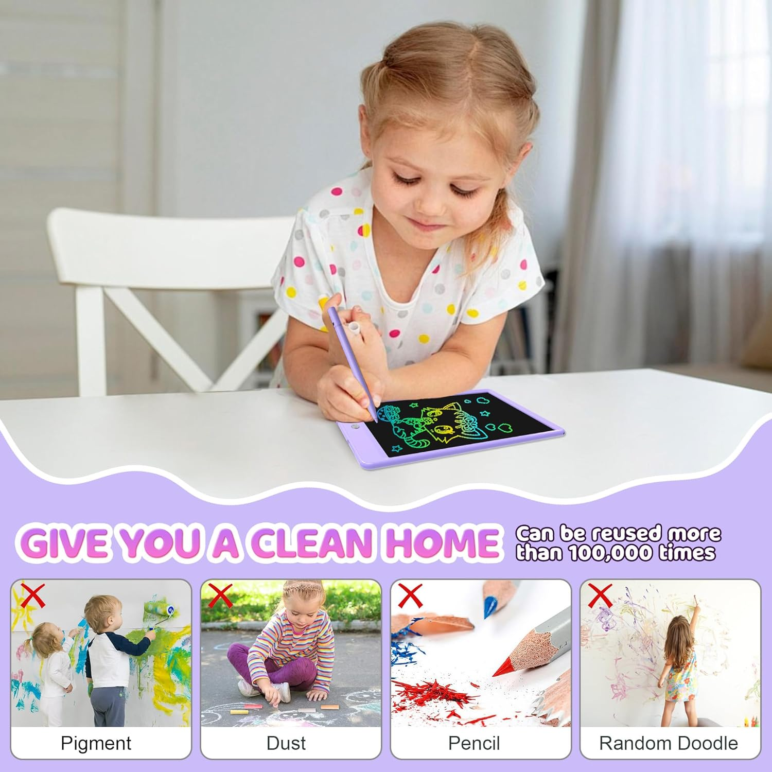 LCD Writing Tablet for Kids,10 Inch Digital Screen Drawing Pad Writing Pad,Colorful and Erasable Electronic Drawing Writing Pads (Purple&Green) image number 4