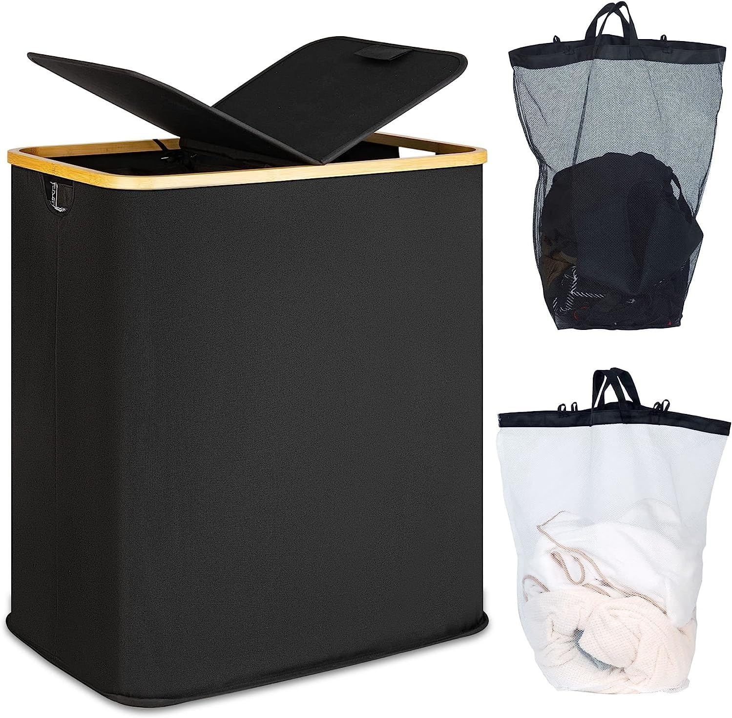 Efluky 140L Laundry Baskets with Lid - 2 Compartment Laundry Hamper, Double Basket with 2 Removable Bags, Light Grey