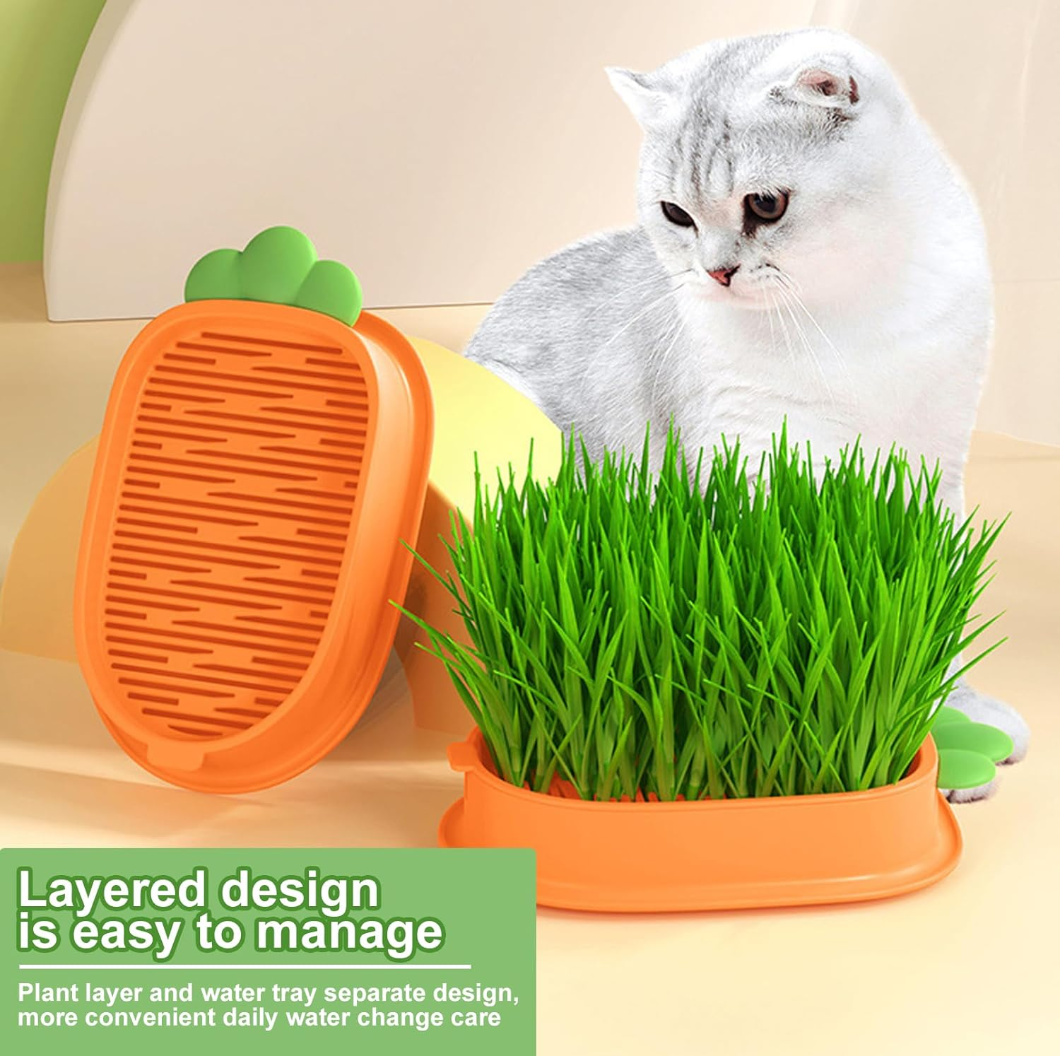 Nizirioo Carrot Cat Grass Tray Growth Set: 2 Pieces Hydroponic Cat Grass Box with 10 Bags Seed, Plastic Comfortable Cat Grass Case, Cat Grass Germ Tray for Cat Dogs Pets image number 1