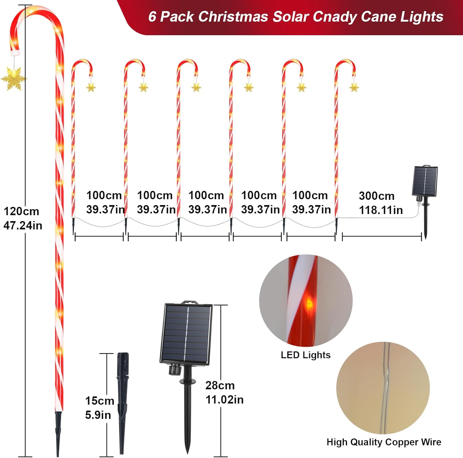 Ninonly 6 Pack Solar Christmas Candy Cane Lights, 1.2M Solar Christmas Garden Lights Outdoor, 8 Modes Waterproof Xmas Pathway Light USB Charging for Yard Patio Decorations image number 4