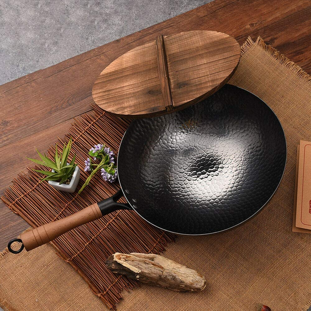 Induction Iron Wok Non-Stick Stir-Fry Flat- Bottomed Pan 32CM without Ears Cooker Kitchen Non Coating Wood Handle image number 5