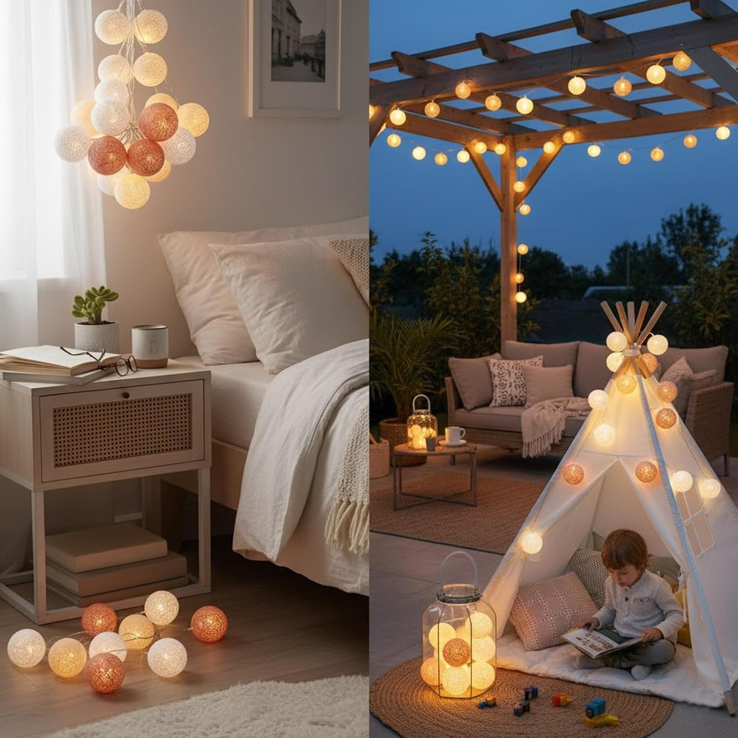 Alegre 3 M 20 LED Cotton Balls Fairy Lights Balls, 4 Cm Cotton Ball Fairy Lights Children'S Room Girls, Rose Gold Ball Fairy Lights Cotton Balls for Wedding, Room, Bedroom, Christmas Decoration image number 6