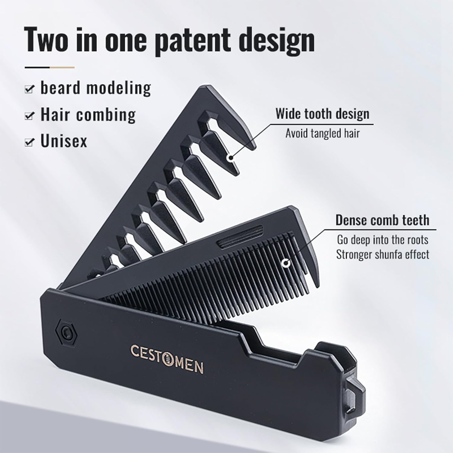 Cestomen Protable Folding Pocket Comb for Men, 2 in 1 Hair Comb - Fine Tooth Comb, Styling for Everyday Grooming & Combing Hair, Beards and Mustaches (Black) image number 1