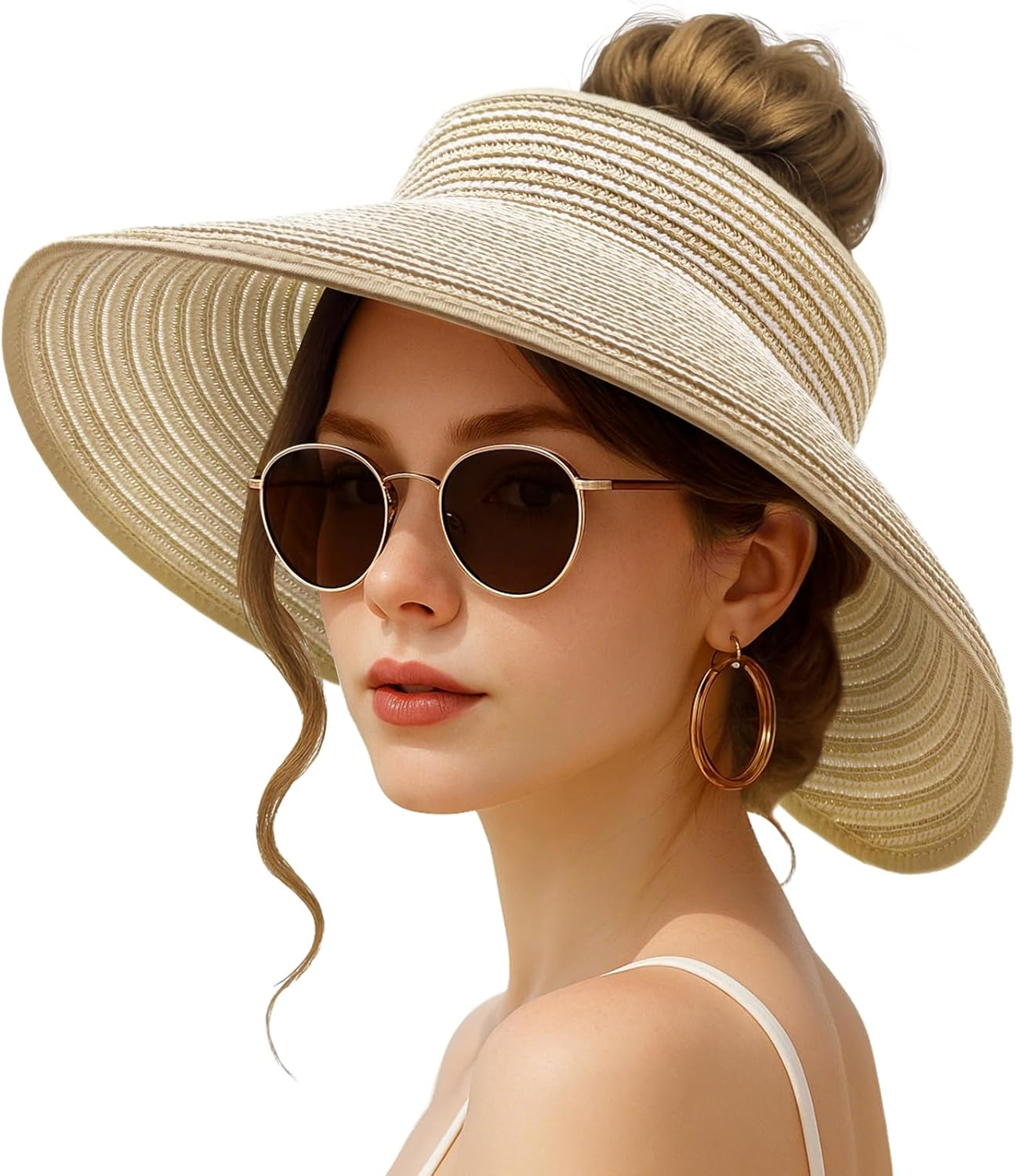 XMMAXFLOW Sun Hats for Women Beach Hats Wide Brim Straw Sun Visors Ponytail Hat Summer Packable Foldable Travel