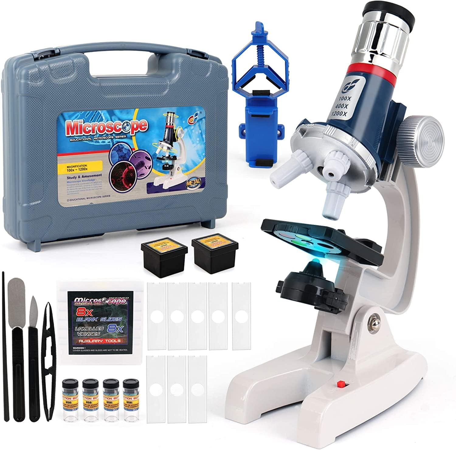 Why2Wise Kids Microscope Kit 100X-1200X Microscope for Kids with Metal Body Microscope, Carrying Box, LED Light, Science Kit STEM Toys for Kids Children Beginner. image number 1
