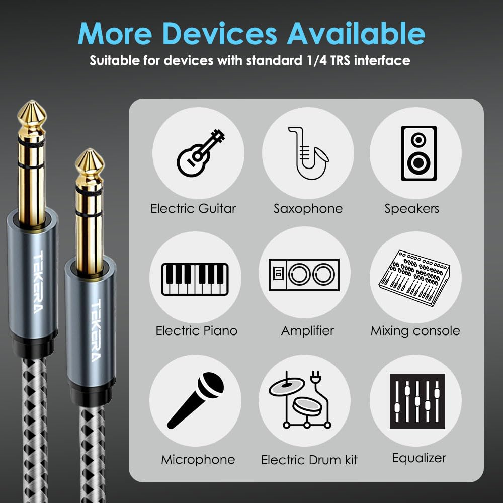 TEKERA Guitar Cable, 2-Pack Balance 6.35Mm TRS 1/4 Inch Cable, Stereo Quarter Inch TRS Male Cable (3.3FT/1M) image number 4